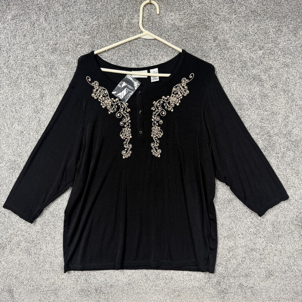 Jaclyn Smith T-Shirt Womens 1X Plus Black Embroidered Henley Whimsigoth Coquette